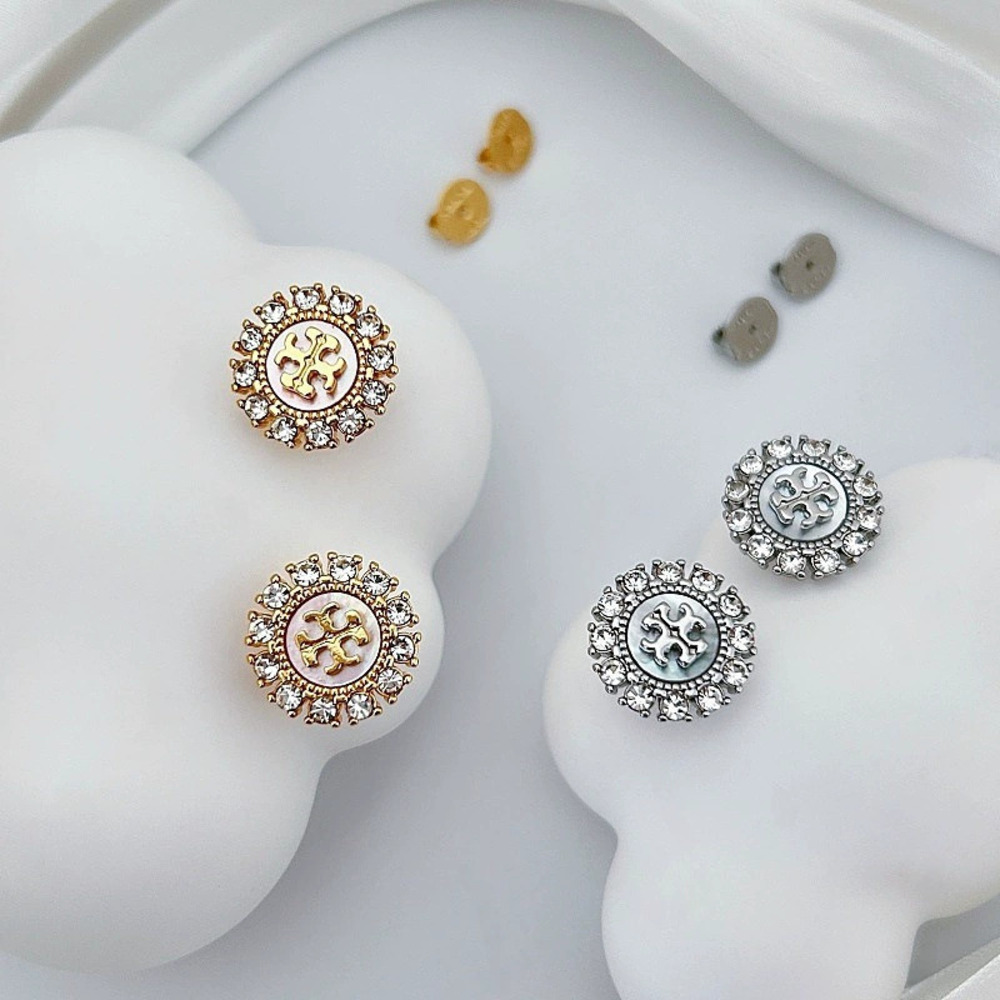 Tory Burch Zircon Letter Shell Stud Earrings Heavy
